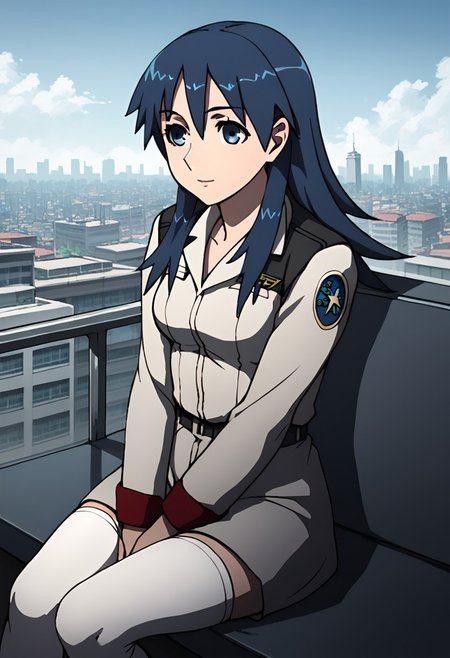 score_9, score_8_up, score_7_up,city view,female, blanchett, blue hair, long hair, blue eyes, military uniform,short pants, white stocking,sitting