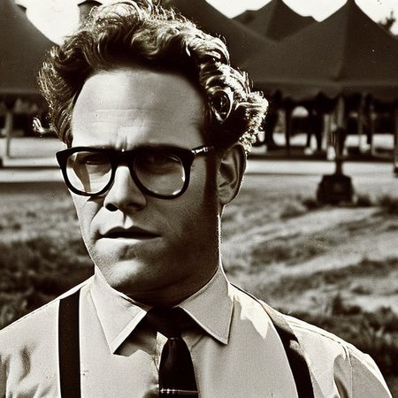 close up movie scene outdoor young Seth Rogan wearing suspenders outside of the 1895 world faire cinema768-SilentFilm