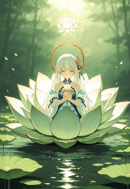 A vibrant illustration of a lotus flower, symbolizing purity, enlightenment, self-regeneration, and rebirth. The lotus is illuminated by shining starlight, with dew drops glistening on its petals. Set against an outdoor background with vibrant, natural colors. The scene is captured in extreme detail, UHD, 8K resolution, with natural lighting enhancing the fine art quality. The composition highlights the delicate beauty and spiritual significance of the lotus.