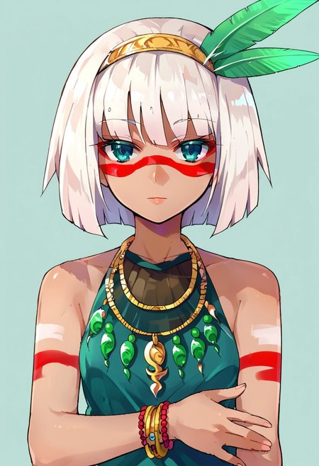score_9, score_8, score_7, source_anime, asatsuki, 1girl, solo, jewelry, hairband, feather hair ornament, looking at viewer, bracelet, necklace, facepaint, bare shoulders