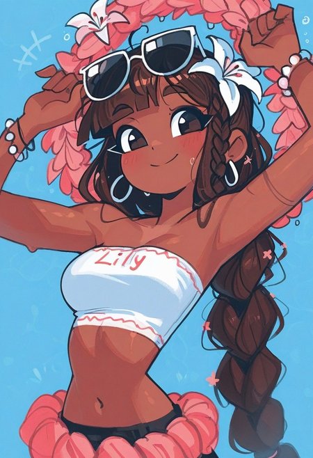 1 girl , solo , crownbraid , big braided ponytail , lily flower wealth , hair hoop , flower lei , tube top , smile , bracelet , brown skin , sunglasses on head , 
masterpiece, best quality ,amazing quality , 4ndaerz_illu, Karinami Inkblush mode ,