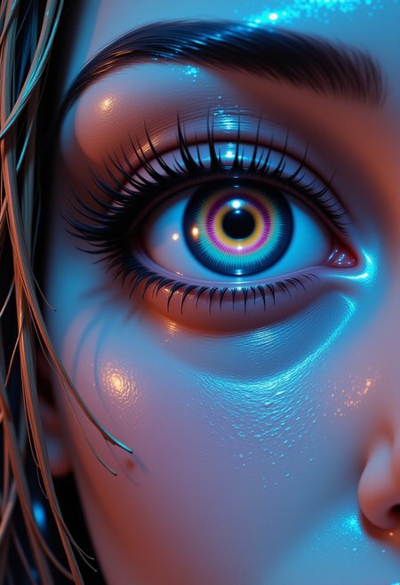 Jeddtlv3,  prompt: A cinematic extreme close-up of a woman's eye as rainwater drips from her lashes, mixing with silent tears. The reflection in her pupil reveals a cityscape filled with neon lights. Slow-motion raindrops capture the delicate moment of sadness, emphasizing the texture of her wet skin and the way water moves dynamically over her face.
.in the style of Jedspy, psychedelic colors