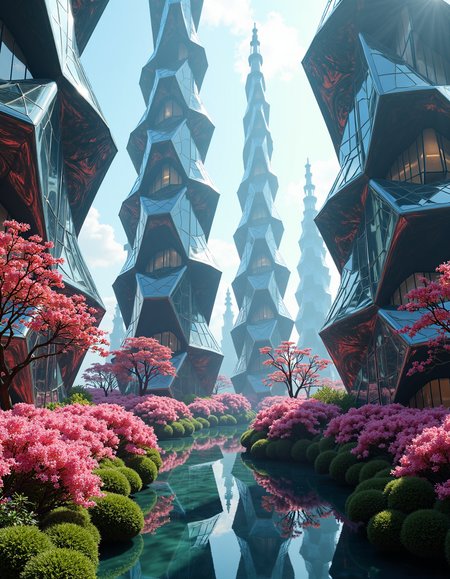 Towering spires of interconnected habitation modules, each module is a perfect dodecahedron with glass-like surfaces, spires Azalea fractally getting smaller towards edges of frame, The Black Seal from base Standing creates dizzying sense of height, spring Musical Instrument emanates from within modules contrasting with cool Nature background, reflections and refractions between modules create grand illumination Bouquet of Flowers patterns