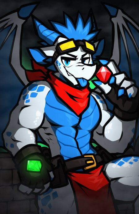 half-length portrait, 
fog, green light, green lighting, backlighting, dark background, dark lighting, 
solo, anthro, dragon, male, scales, adzy, muscular, big muscles, slim male, wings, membranous wings, 
two tone body, white scales, blue scales, white body, blue scales, blue eyes, blue tongue, 
goggles on head, red kerchief, fingerless gloves, belt, belt pouch, bean bag, kerchief around hip, loincloth, 
on wall, smug grin, blue blep, sitting on building, leg on side, looking at viewer, holding gem, red gem, big gem, (sparks gem:0.6), 
BREAK hi res, absurd res, highres, absurdres,
[wub \(artist\)::0.8],  
BREAK [<lora:Adzy-NoobAI-V2:0.8>::0.3]