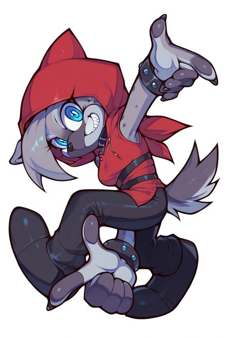 score_9, score_8_up, score_7_up, score_6_up, anthro,, anthropomorphic grey hyena, female, black collar, 1girl, grey fur, blue eyes, (red hood:1.3), black sleeveless,  black work pants, hands on own head, looking at viewer, grin, teeth, full body, sonic adventure pose