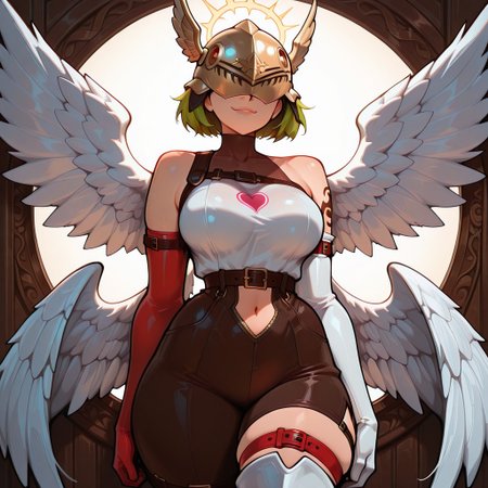 heart, 1girl, solo, brown hair, short hair, matoi ryuko, nami, sue storm, smile, slight smirk, brown eyes, soft lighting, summer background masterpiece, best quality, very aesthetic, absurdres, angwmn, covered eyes, winged helmet, head wings, angel wings, white wings, multiple wings, feathered wings,  covered collarbone, thigh straps, navel cutout, clothing cutout, asymmetrical clothes, shawl, hagoromo, belt, bare shoulders, elbow gloves, white footwear, boots, skindentation, deep skin,3xpr3sgg0th1cn30n1nc4s3, ExpresHGothicNeonIncaseUOC, ExpresHGothicNeonIncase