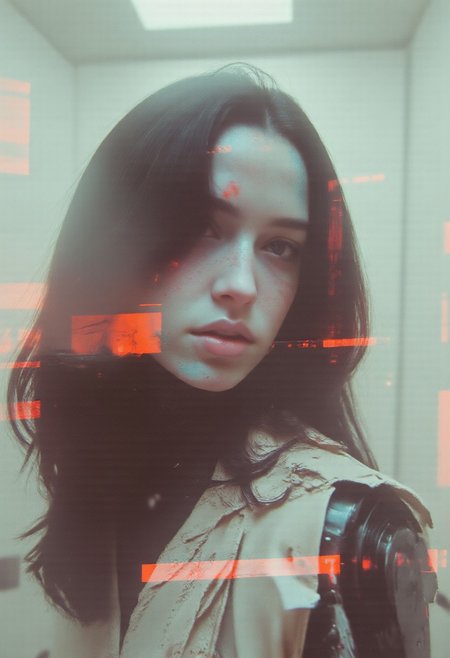 A high-resolution close-up photo of a striking woman with a cybernetic arm. Her face has a pale, metallic sheen, with glowing blue dots on her forehead and cheeks, adding an otherworldly touch. Her almond-shaped eyes gleam with a mix of amusement and challenge, framed by dark, shoulder-length hair that adds a touch of mystery. Her expression is confident and slightly amused, as if daring anyone to challenge her. The scene has a dystopian, overexposed, and faded atmosphere, with a soft, bleached glow that washes over her features. Neon highlights, tinged with orange, trace the contours of her face, subtly emphasizing her cybernetic nature. The background is a washed-out blur, creating a hazy, ethereal effect that enhances the mysterious, almost melancholic mood. The overall color palette is stark and muted, with the neon details offering a faint, glowing contrast against the pale, dystopian ambiance.