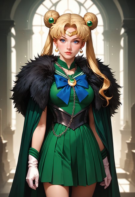 score_9, score_8_up, score_7_up, score_6_up, adult woman, solo, L4DY , sailor moon \(usagi tsukino\), blonde hair, twin buns, sailor outfit, tiara, magical girl,   (chain leash), green dress, cincher,  armor, cloak, fur trim, gloves, <lora:LOW-60-PDXL:0.8>