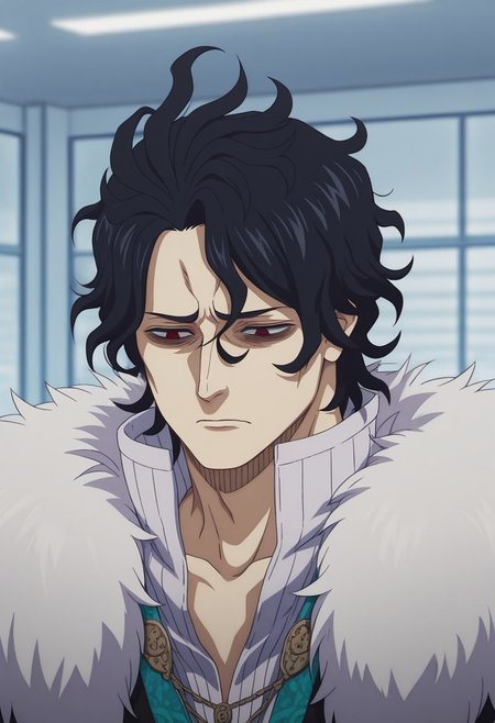 1boy, solo, messy hair, black hair, green patch, red eyes upper body, fur trim, office, upper body, sad, tired eyes, portrait, (full body)