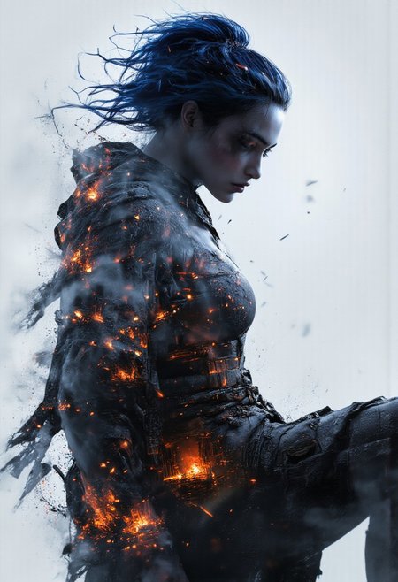 A striking double exposure artwork: a rebellious young woman with vibrant blue hair, sitting confidently in a dynamic pose, her face partially covered by a sleek black mask. Her silhouette merges with an apocalyptic cityscape engulfed in flames and smoke. The fiery background transitions seamlessly into the details of her clothing and skin, creating a powerful juxtaposition of human resilience and chaos.