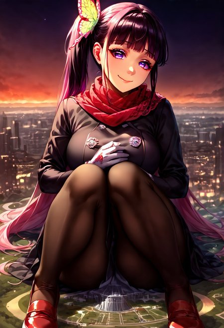 gorgeous lips, cinematic, (masterpiece), (best quality), (ultra-detailed), very aesthetic, perfect composition, intricate details, absurdres, detailed face, (anime, masterpiece, intricate:1.3), (best quality, hires textures, high detail:1.2), score_9, score_8_up, score_7_up, score_6_up, source_anime, 1girl, kanao tsuyuri, black hair, pink highlights, butterfly, butterfly hair ornament, purple eyes, very long hair, side ponytail, ponytail, eyelashes, red hair ornament, scarf, red scarf, dress, black dress, long sleeves, buttons, gloves, red gloves, belt, pantyhose, cyan pantyhose, heel shoes, red footwear, skirt, flower patterns, alternate_costume, enormous breasts, facial expression, kind, soft eyes, head tilt, slightly smiling, closed mouth, goddess, planet size, giantess, giant, size difference, growing even bigger, sitting in the city, hugging own legs, hugging knees, floating object, gradient eyes, beautiful detailed eyes, city, in the city, night sky, solo, holding planet, (masterpiece:1.4), (best quality:1.4), (ultra-detailed:1.2),