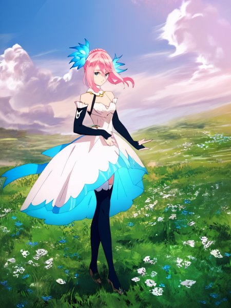 score_9, Score_8_up, Score_7_up, Score_6_up, masterpiece,  best quality, very aesthetic,  <lora:ShionneV2-08:1> 15 shionne 01b weddingdress, shionne 01b, pale skin, long hair, (blue eyes), wedding dress 1girl, solo, breasts, 1Girl, hair ornament, thighhighs, dress, bare shoulders, full body, pink hair, braid, detached sleeves, black thighhighss   <lora:detailed_backgrounds_v2:1> (scenery:1.3),  backgrounds scenery, complex background