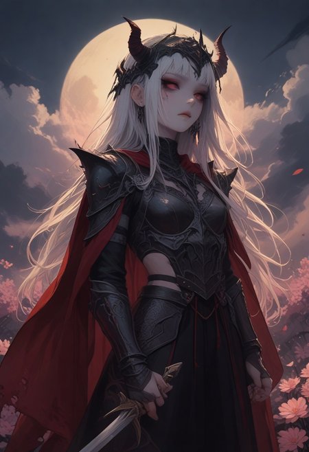 score_9, score_8_up, score_7_up score_9, score_8_up, score_7_up, score_6_up, score_5_up, score_4_up,
 <lora:GothGirlAestheticV5-000015:1> g0th,
weapon, moon, armor, sword, flower, holding weapon, helmet, holding sword, holding, solo, full moon, long hair, outdoors, cape, sky, red cape, night, horns, pink flower, standing, cloud, shoulder armor, japanese armor, white hair