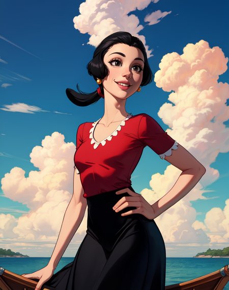 OliveOyl, short black hair with ponytail, black eyes, solo, upper body ,
red shirt , black long skirt, small earrings,
standing,    hips, 
smiling, waterboat,  sunny, clouds,
 (insanely detailed, beautiful detailed face, masterpiece, best quality)
 <lora:OliveOyl-10v5:0.7>