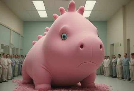 epic, cinematic, a towering (clown) pink chonkasaurus, chonkasaurus crowd, desaturised colours, in a sterile room, <lora:chonkasaurus-000003:1>