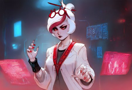 masterpiece, best quality, absurdres, laboratory,science fiction,technology,sketch,rbuzra,1girl, prhacn11, red-framed glasses, eyewear on head, red eyes, white hair, streaked hair, white coat, black shirt, red trim, black cuffs, hair sticks, red nails,hologram,circuitry  <lora:ArielZuckerBrull-guy90-Illust-Lycorisv1:1>  <lora:prhac_n11:0.8>