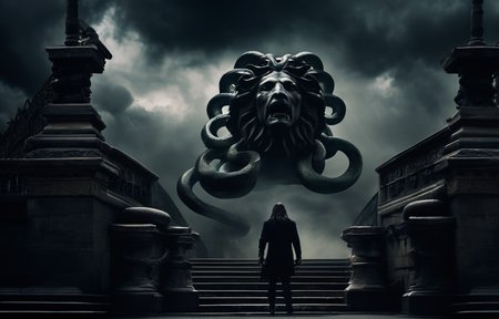 cinematic photo A ((ominous creature)) prowls through the shadows, revealing glimpses of snakes and scales,((Medusa's presence)) is felt, a ((terrifying figure)) of legends, cursed with a gaze that turns flesh to stone, (mysterious:1.3), ultra-realistic mix fantasy, solo,dark clouds, (lovecraftien horror:1.1), (thunder:1.1), gloomy, disturbing, indescribable terror, (heavy fog:1.1), shadow, dark night, texture, masterpiece, great art, high quality, best quality, highly detailed, 8k, wide shot, panorama, (Bottom view:1.1),  Abyss Energy, Unsplash, (masterpiece,best quality:1.5) . 35mm photograph, film, bokeh, professional, 4k, highly detailed