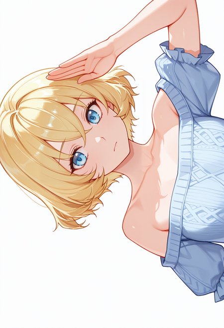 Smooth Quality,masterpiece,very intricate, high quality details, ultra realistic, high detailed skin,detailed enviorement,absurdres,
straight-arm salute,
 <lora:Lierre_CNR:0.8> lierre_cnr, 1girl, blonde hair, short hair, bangs, blue eyes,, despair,, simple background, white background, sideways,solo,, off-shoulder blouse,  ,pullover,,striped thighhighs,  ,
