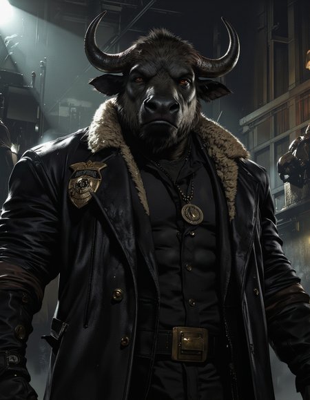 ZooPolis art. A dark and moody digital illustration shoot from a frontal camera angle about a fierce, anthropomorphic buffalo character dressed in a black leather coat with a police badge, standing confidently in a dimly lit industrial setting. the image also shows dramatic lighting and a smoky atmosphere. on the middle of the image, a muscular, black-skinned male buffalo appears to be looking directly at the viewer, with a serious expression. he has large, curved horns and a fur-lined mane, and is wearing a black coat with leather sleeves and a badge on the lapel. he is also wearing a necklace with a circular pendant. the background is dark and industrial, with dim lighting and smoke, creating a moody atmosphere.