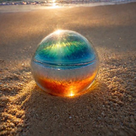 macrophotography,extreme close up of (perfectly spheric glass ball) partially buried in sand beach at sunset, rainbow highlights.  Sunset beams on the windblown sand through glasse,<lora:EnvyRefractionXL01:1>,This should be a ((masterpiece)) with a ((best_quality)) in ultra-high resolution, both ((4K)) and ((8K)), incorporating ((HDR)) for vividness. It uses a ((Kodak Portra 400)) lens for timeless, professional quality. Emphasizes a ((blurred background)) with a touch of ((bokeh)) and ((lens flare)) for an artistic effect. Enhance ((vibrant colors)) for a vivid look. Make sure the photograph is ((ultra-detailed)) and shows ((absurd)) details. Pay special attention to capturing the ((sadness)) of the subject. The goal is to create a ((professional photograph)) that is visually stunning and technically excellent, fluorescent dust, glowing dust