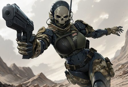 masterpiece, best quality, good quality, very aesthetic, absurdres, newest, 8K, depth of field, focused subject, 
dynamic angle,
in the style of ckgr, 1girl, android, black and white camouflage mask is open, skull gloves, holding a futuristic gun, anime