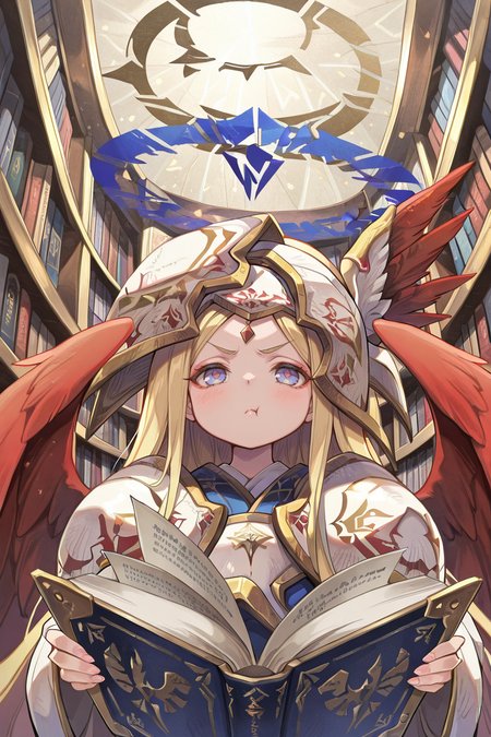 masterpiece, best quality, amazing quality, very aesthetic, absurd, newest, detailed eyes, <lora:illustrious_quality_modifiers_masterpieces_v1:0.8> , solo, <lora:ChamIllustriousBackgroundEnhancer:0.5>, detailed background,      <lora:Kitn_marietta_illust:0.9> , Kitn_marietta_illust, blonde hair, wings, halo, armor, solo, heaven, exterior, frown, pout, library, reading book, looking dcown,