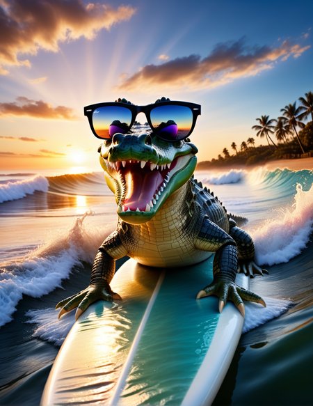(RAW photo:2), (hyperrealisitic:2), (photorealistic:2), (realistic:2)
 crocodile goes surfing wearing sunglasses while doing peace sign,    sunset, wider shot, waves, realistic shadows, fine details, ultra-quality, magical and mysterious ambiance,
 <lora:Low-key lighting Style:1> Low-key lighting Style,  dim light, low light, dramatic light, partially covered in shadow