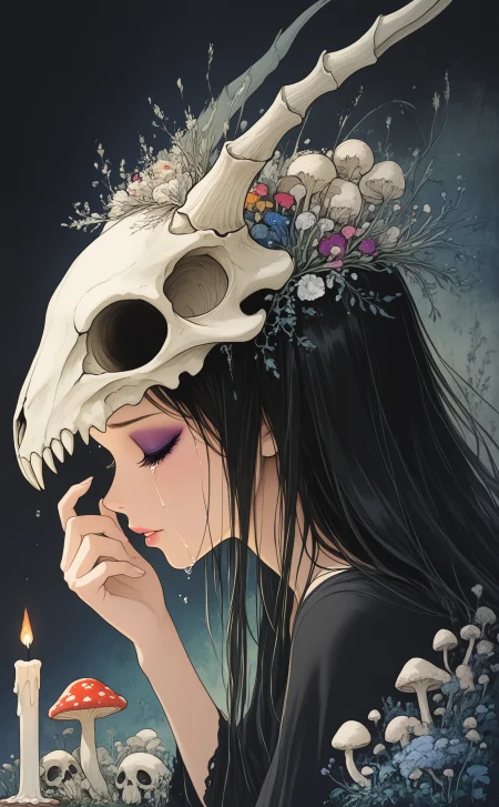 masterpiece, best quality, amazing quality, 1girl, solo, long hair, black hair, upper body, closed eyes, parted lips, hand up, tears, from side, eyelashes, lips, profile, makeup, mask, crying, portrait, hand on own face, eyeshadow, skull, candle, mushroom, animal skull, ArsMJStyle, Delicate Whimsy，
Studio Ghibli Dark Fairytale,
colorful <lora:noobai_ep11_stabilizer_v0.138_fp16:0.3> <lora:NOOB_vp1_detailer_by_volnovik_v1:0.3> <lora:Dark_Ghibli:0.8> <lora:DelicateWhimsyIllustrious:1>