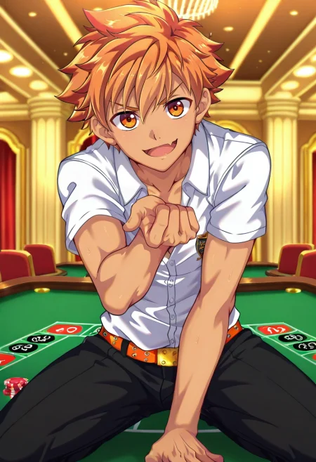 masterpiece, best quality, , anime screencap, , , , depth of field, 1boy, solo, male focus, <lora:jirou_camp_buddy_ilxl:0.94>, jirou_camp_buddy, orange hair, orange eyes, , asymmetrical, las vegas, casino, light, pose, skin fang,