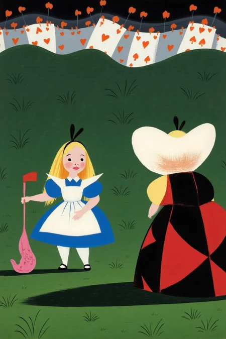 maryblair2 illustration. 
On the left, a young girl with long blonde hair in a blue dress with a white apron is holding a pink golf club shaped like a flamingo. On the right, the Queen of Hearts, her back to the viewer, is in a red and black outfit with a white heart pattern. Cards featuring orange flowers and a dark sky appear in the background. <lora:maryblair3_cap_d6a3e9:1.0><lora:855819970410499390:0>