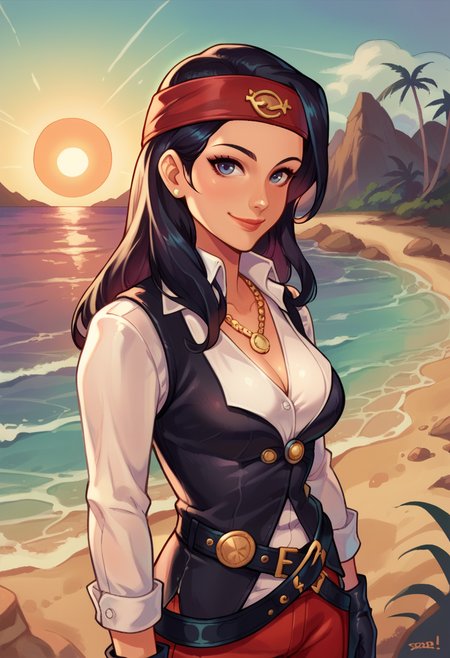 score_9, score_8_up, score_7_up, 1girl, solo, SulfS-PatR2, long hair, black hair, red headband, black vest, white shirt, necklace, red pants, black belt, black boots, smiling,
beach, sun, standing, upper body, looking at viewer,
 <lora:Patty_Steelbeard_Character__Outfit_-_Risen_2_Dark_waters:0.7>,   <lora:reiq_style:0.8>