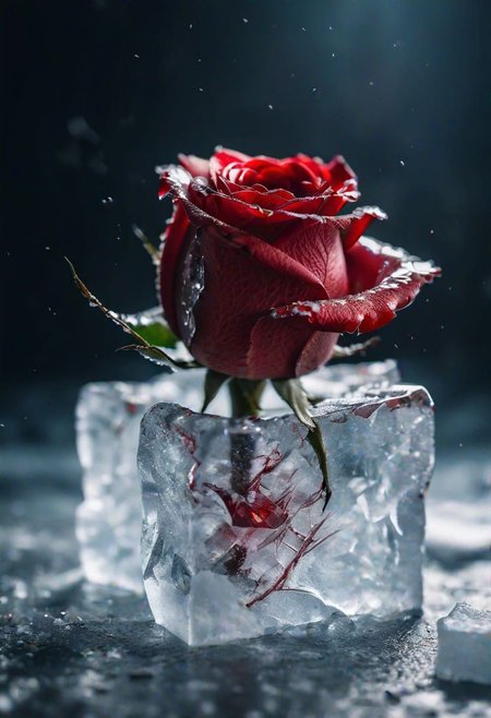 close-up photo of a beautiful red rose breaking through a cube made of ice , splintered cracked ice surface, frosted colors, blood dripping from rose, melting ice, Valentine s Day vibes, cinematic, sharp focus, intricate, cinematic, dramatic light