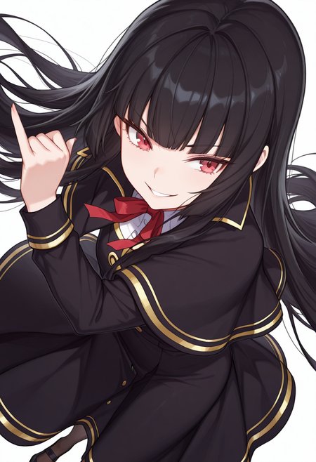 Smooth Quality,masterpiece,very intricate, high quality details, ultra realistic, high detailed skin,detailed enviorement,absurdres,
pinky out,
 <lora:Atre_CNR:0.8> atre_cnr, 1girl, black hair, very long hair,blunt bangs, red eyes,black dress,black capelet, pantyhose, long sleeves, ribbon, shoes,, simple background, white background, sideways,solo,, evil grin,