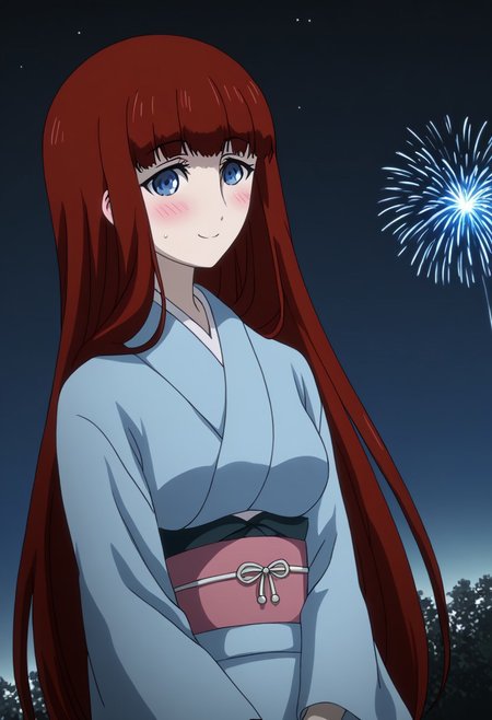rating_safe, Ultra-high-detailed Anime illustration of Kagari Shiina from Anime Steins;Gate 0. 
The artwork features Kagari in a solo, standing position with a outdoors, flield, and night background. night time. night. stars.
She is depicted with intricate details showcasing her large breasts, natural_breasts. She is a white skinned, 22 years old woman. Kagari is looking_at_viewer with perfect_eyes, Her pupils are highly detailed. The eyes are open. blue eyes. Kagari's eyes are highlighted. Highlighted eyevrows. 
She has long hair, red colored hair, styled in blunt bangs and floating hair.
She is wearing a blue kimono and black shoes. japanese kimono, kimono.
The artistic style is intricate_details_xl with a focus on Anime art. The color palette emphasizes red and black with detailed strokes to bring out the character's features. The lighting creates dramatic shadows and highlights, adding depth to the artwork. The perspective is from a face focus, dutch angle to enhance the impact of the character's expression. This masterpiece is a true portrayal of Kagari's complex personality and will captivate any fan of Kagari. uncensored, upper body, blushing, smile, Kagari Shiina,
perfecteyes,
<lora:Steins_Gate:1>
kimono
happy new year!, Happy New Year fireworks, Happy New Years