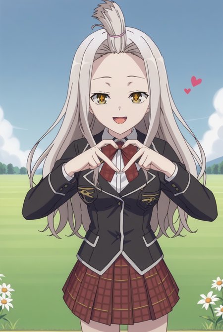 score_9, score_8_up, source_anime  BREAK solo, looking at viewer, cowboy shot,
 <lora:yuiPdxlDwnsty-000008:1>, yui def, yellow eyes, white hair, long hair, topknot, school uniform, white shirt, black jacket, plaid skirt, long sleeves, bowtie, heart fingers, heart hands, <lora:Heart_Fingers__Concept_Lora-000007:1>,
smile, open mouth, medium breasts, 
grass field, outdoors, flower, blue blue sky,