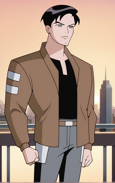 score_9, score_8_up, score_7_up, BREAK
BrownJacket_TerryMcGinnis_ownwaifu, 
1boy, black hair, grey eyes, short hair, bangs, 
bomber jacket, brown jacket, popped collar, black shirt, open jacket, long sleeves, belt, pants, grey pants, brown coat, collared shirt,
(contrapposto, hand on hip), sunset, sidelighting, cityscape, vanishing point, outdoors,  depth of field, solo,  
<lora:PONYXL_DC_BatManBeyond_TerryMcGinnis_ownwaifu_r1:0.9> , depth of field, 
,