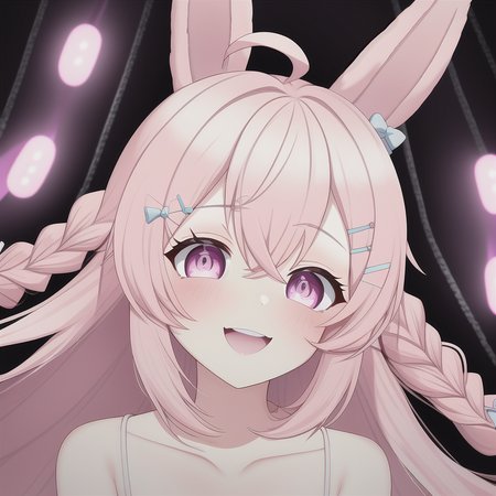 the photo of a 1girl, ahoge, animal_ears, bare_shoulders, blue_bow, bow, braid, collarbone, hair_bow, hair_ornament, hairclip, long_hair, open_mouth, pink_eyes, pink_hair, rabbit_ears, smile, solo, twin_braids, upper_body, virtual_youtuber, stage, stage lights, microphone, holding microphone,  pipkin pippa