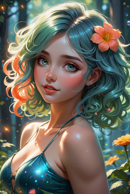digital painting, 1girl, woman, vivid steelblue skin, f/1.4 lens, bokeh, tiny iridescent coral Primrose pixie, see-through gossamer, color drain, bombshell hair, forest green hair, curly hair, long hair, hourglass figure, caucasian, cheerful fantasy town in a Astral Plane<lora:EnvyBetterHiresFixXL01:0:hr=1>