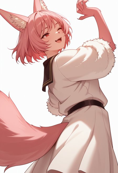 Smooth Quality,masterpiece,very intricate, high quality details, ultra realistic, high detailed skin,detailed enviorement,absurdres,
simple background, white background, dancing, solo,from below,
 <lora:Til_CNR:0.8> til_cnr, 1girl,pink hair, short hair, bangs, red eyes, animal ears, fox ears, animal ear fluff, fox tail, furry female, animal hands, claws,, crazy smile,, ;o,, sailor shirt,  ,fur coat, ,tulip skirt,  ,