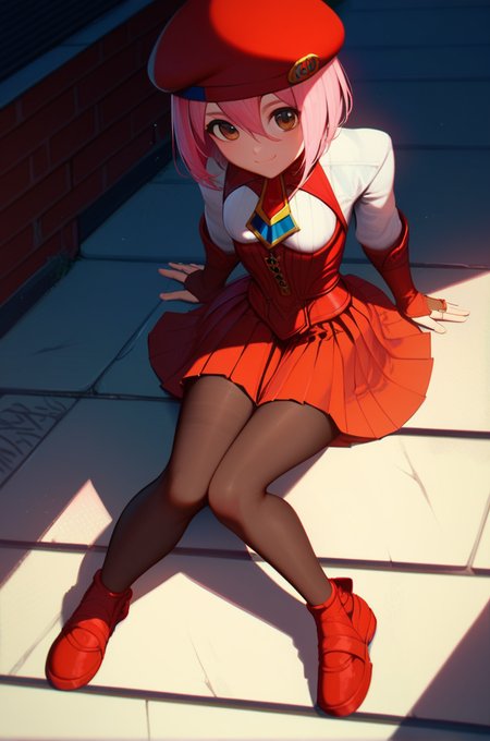 score_9, score_8_up, score_7_up, very aesthetic, source_anime, masterpiece, detailed, high quality, detailed, beautiful, masterpiece, 
light smile, sitting, city view, street view, daylight, dynamic angle,
<lora:momox3_autismConfetti_v01:0.95>m.o.m.o., pink hair, short hair, brown eyes, pantyhose, pleated dress, red dress, underbust, white shirt, long sleeves, single sidelock, bridal gauntlets, red footwear, beret, red headwear, hair between eyes, bangs, small breasts, zPDXL