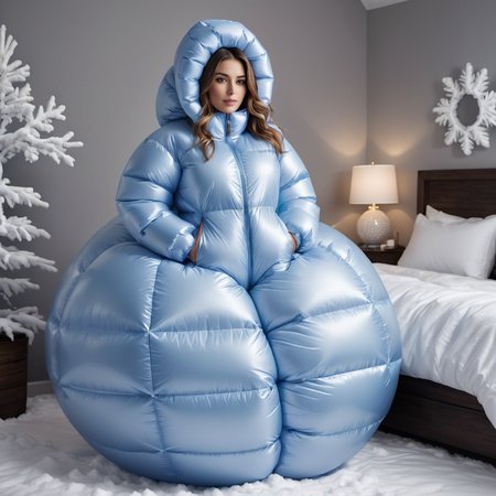 one cute american women wearing a large inflatable spherical downsuit puffer_downsuit , hyperdetailed photography,4k textures,intricate details,4k resolution,  <lora:puffer_downsuit_v1:0.4>, snow bedroom scene
 <lora:inflatablerubber:0.4>