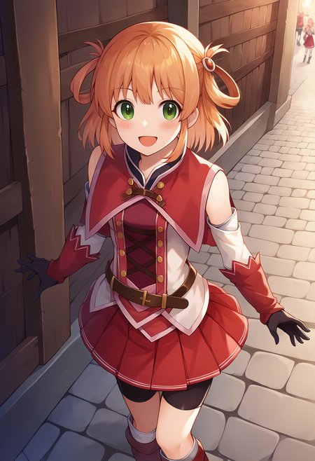 score_9, score_7_up, hd, (ultra hd quality details), source_anime, street, medieval, 
solo, 1girl, pcrrino, hair rings, medium hair,
rinodef, red capelet, shirt, bare shoulders, detached sleeves, black gloves, pleated skirt, red skirt, belt, miniskirt, shorts under skirt, bike shorts,
looking at viewer, blush, smile,
standing, open mouth, leaning to the side, from above,
 <lora:_rino_pcr-elesico-pony:1>