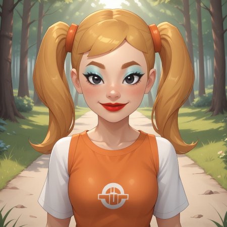 score_9, score_8, BREAK, solo, mii, wii, wii sports, 1girl, female mii, cute, attractive, blonde hair, twintails, dark blonde eyebrows, makeup, blush, blue eyeshadow, red lips, lipstick, orange clothing, white pants, breasts, Nintendo Mii, modern_mii, classic_mii, Midoriya_(OC_Mii), black eyes sexy pose, smile, outdoors, sunlight, shadows, evening lighting, natural lighting, forest, trees, grass, orange sky, sunset