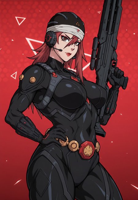 naruho art style, <lora:Tayuya-000012:1>,tayuya, solo, 1girl, red hair, long hair, brown eyes,arm warmers, black headwear,, medium perky breasts,score_9, score_8_up, score_7_up, score_6_up, expressiveh, blackwidow_rivals, 1girl, solo, cowboy shot, red hair, asymmetrical hair, headset microphone, eyeliner, blue eyes, red lips, bodysuit, black bodysuit, gloves, black gloves, forearm guns, black clothes, red details, red glow, baton_(weapon), holding weapon, sniper rifle, holding sniper rifle, huge weapon, posing, hand on hips, red sparks, red background, geometric shapes, looking at viewer, geometric pattern on background <lora:Black_Widow_Marvel_Rivals_-_PonyXL:0.5>
