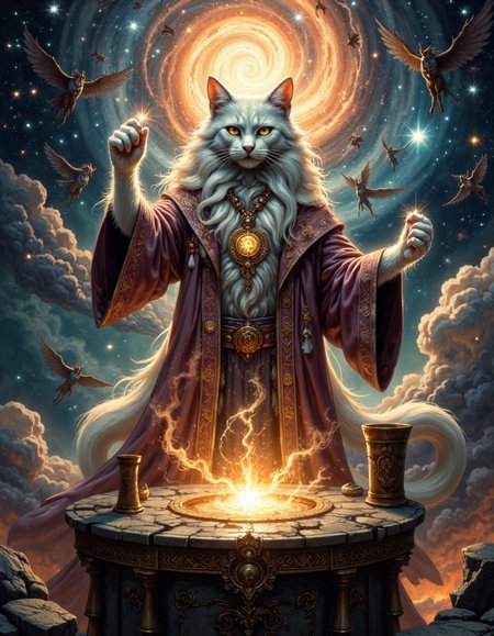 An anthropomorphic majestic long-haired cat, exuding an aura of mysticism, stands atop an ancient altar surrounded by swirling cosmic energy. Its shimmering fur glows softly under the light of an astral vortex, as celestial beings and radiant stars dance in the background. The cat wears a flowing robe adorned with intricate glyphs, sigils, and runes, while a glowing amulet hangs from its neck, radiating divine light. With one paw raised, it conjures a portal to another dimension, channeling arcane powers and celestial forces. The atmosphere is thick with supernatural energy, as whispers of ancient wisdom and veiled truths echo in the air. Flickering lights illuminate a realm filled with spectral apparitions, glowing symbols, and enchanted talismans. Shadows and light intertwine in perfect harmony, representing the duality of the universe. This mystical cat, a seer and guardian of hidden realms, embarks on a spiritual journey through ethereal planes, unlocking the secrets of the cosmos and embodying the timeless essence of the mystic,  <lora:Hocus Pocus:1>,  <lora:cheats:0.8>,