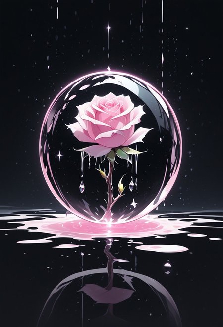 (masterpiece), best quality, Anime, Illustration, (Floating Sphere, Crystal, Magic, Reflection, Melting, Dripping, Pink Rose), Black Background, No Humans, Starry Theme, (Light Refraction), White and Pink Theme, Natural Lighting, Verynsty