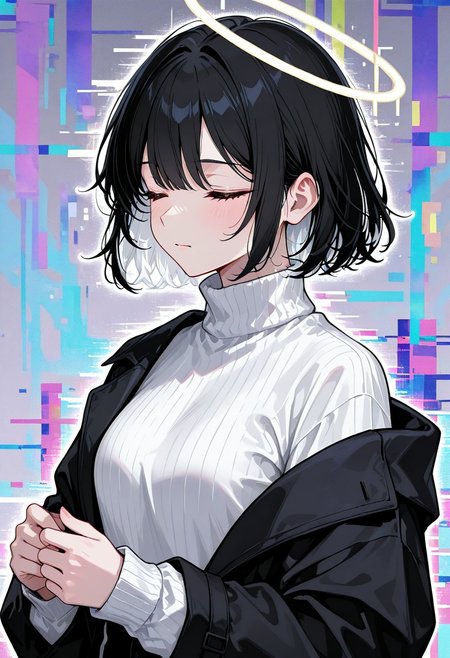 d_up, 1girl, black hair, short hair, closed eyes, white hair, multicolored hair, medium hair, shirt, turtleneck, sweater, long sleeves, turtleneck sweater, jacket, glitch, upper body, abstract background, white shirt, halo