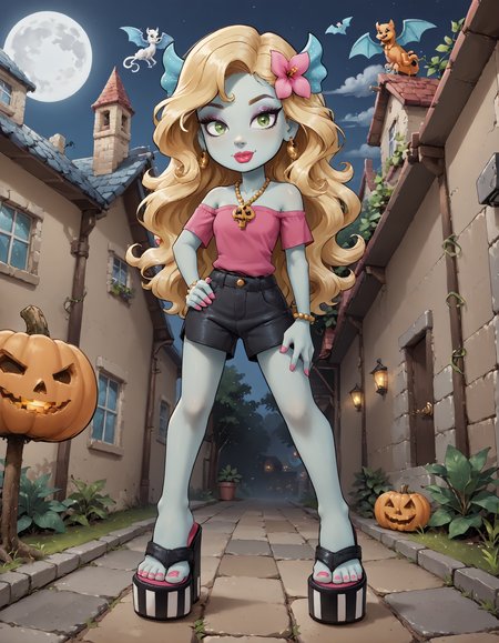 score_9, score_8_up, score_7_up, score_6_up, source_anime,
halloween scene, 
foot focus,
1girl,
zzLagoona, green eyes, blonde hair, blue hair, hair ornament, long hair, blue skin, pink shirt, makeup, jewelry, lipstick, necklace, bracelet, eyeshadow, flower, black shorts
standing, feet apart,
dungeon, night dark, fog,
ï»¿lag00na platform flip flops, (platform footwear:1.1), pink toenail polish,
embedding:zPDXLrl ,
embedding:zPDXL2 ,