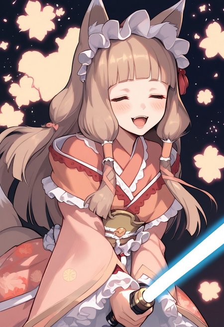 score_9, score_8_up, score_7_up, score_6_up, score_5_up, score_4_up, source_anime, 1girl, solo, (lips:0.9), maho normal, maho (princess connect!), animal ears, animal ear fluff, bangs, fox ears, frills, green eyes, kimono, long hair, fox girl, frilled hairband, blush, blunt bangs, hairband, pink kimono, wide sleeves, frilled sleeves, sidelocks, long sleeves, brown hair, fox tail, floral print, very long hair, bow, hair tubes, dress, light brown hair,  pink dress, obi, sash, frilled ribbon, lolita_fashion, sleeves past wrists, hime cut, laughing, cowboy shot, closed eyes, heart_in_mouth, XD, holding red lightsaber, lightsaber in front of face, starry background, dark background,