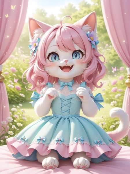 chibi pastel-colored cat character, beautiful hair, furry female,   beautiful dress, soft pastel background, dreamy setting, gentle lighting, whimsical, playful, detailed, high contrast, hyper-realistic, charming, joyful, imaginative, high-definition, soft focus, light-hearted, cute atmosphere, BREAK 
no humans, ojou-sama pose, half-closed eyes, grin,